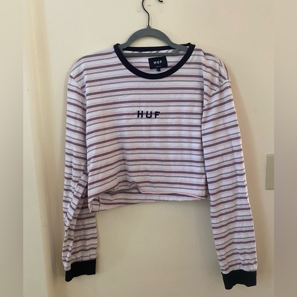 HUF STRIPED LONG SLEEVE CROPPED TOP SIZE L GRUNGE EMBROIDERED LOGO - Picture 1 of 5
